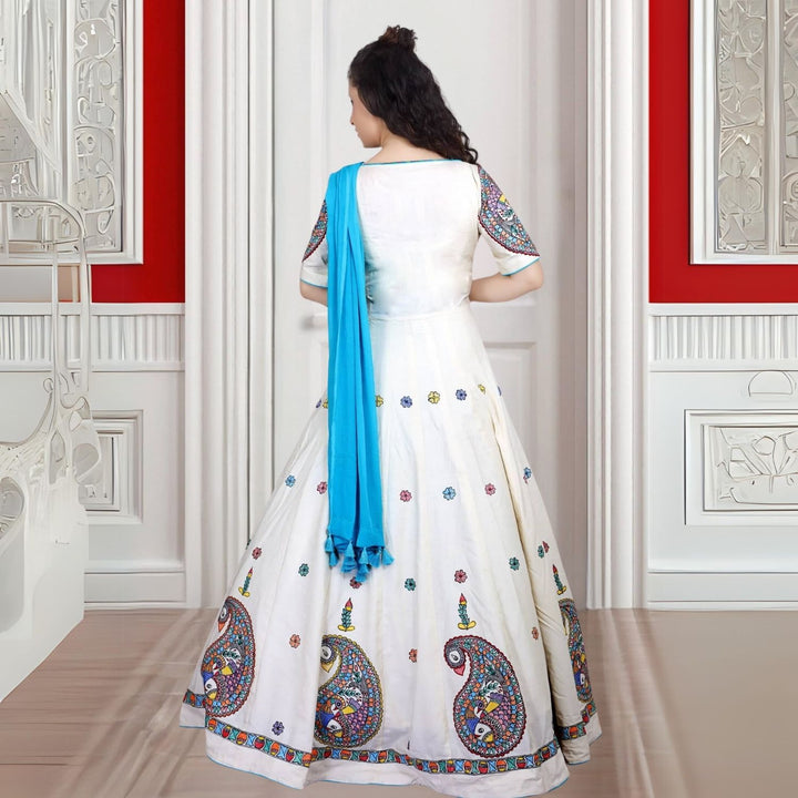 Shwet Kerry Tussar Eri Silk Anarkali | Madhubani Hand-Painted | Serene White & Blue