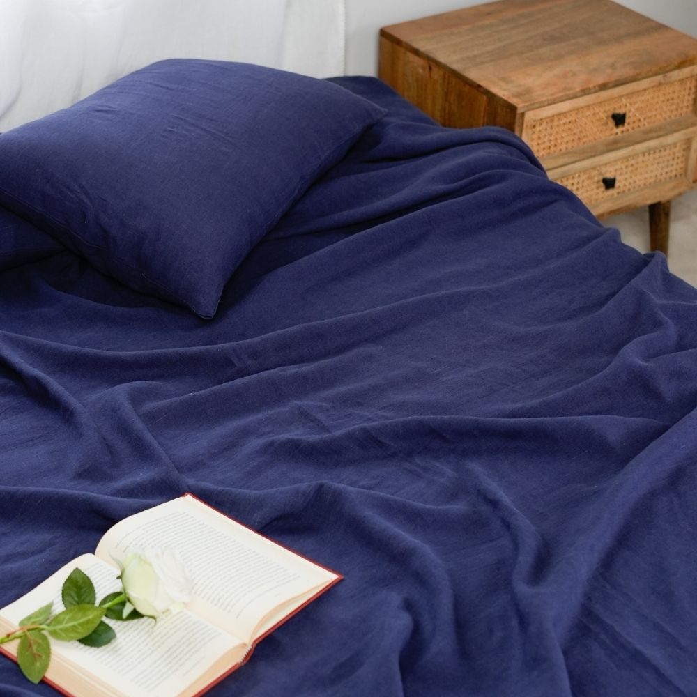 Indigo Blue Luscious Linen Bed Sheet an Pillow Case Set | Subtle & Elegant