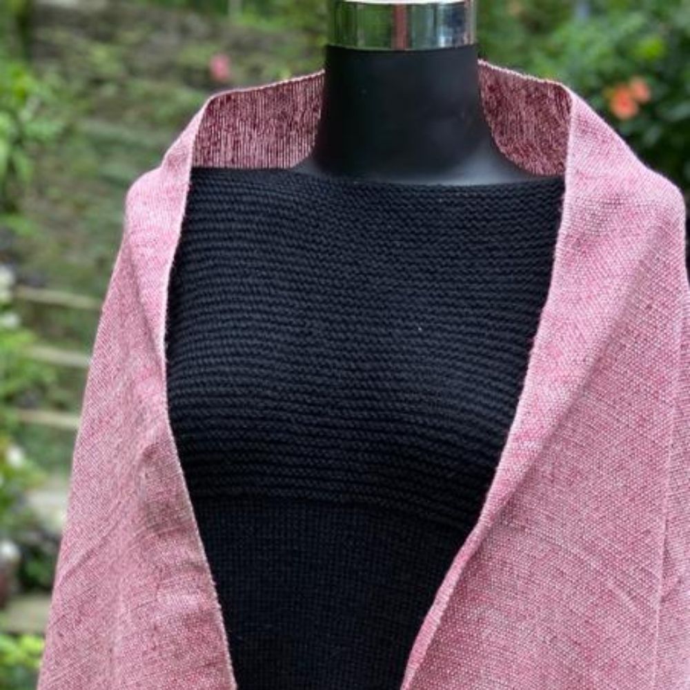 Hand Woven And Loom Knitted Woollen And Eri Silk Stole | Pink with Light Beige | Winter Wear | Stripe Pattern With Fringes 