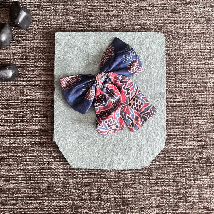 Bow Hair Clips | Ajrakh Hand Block Print | Hand Embroidered | Blue Set Of 2