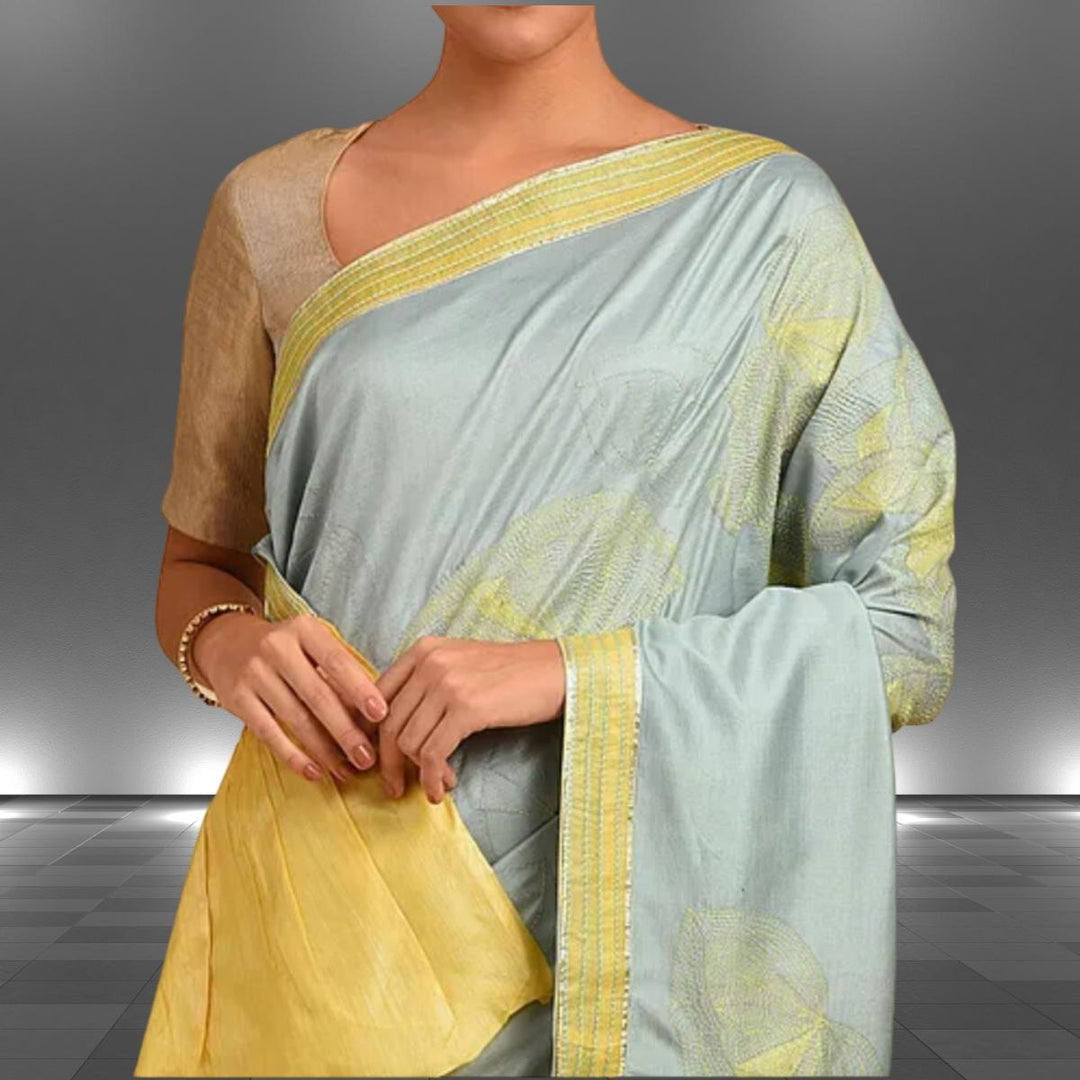 Sage Green & Saffron Yellow Tussar Eri Silk Saree | Sujani Embroidered | Festive Wear | Gota Patti Work 