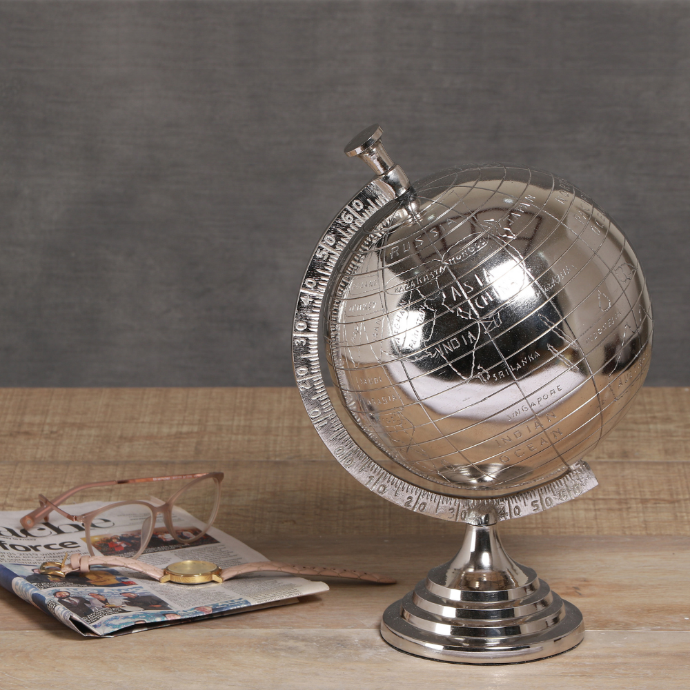 Globe Table Top Showpiece | Modern Home Decor | Hand-Crafted | Nickel Finish | 14 Inch