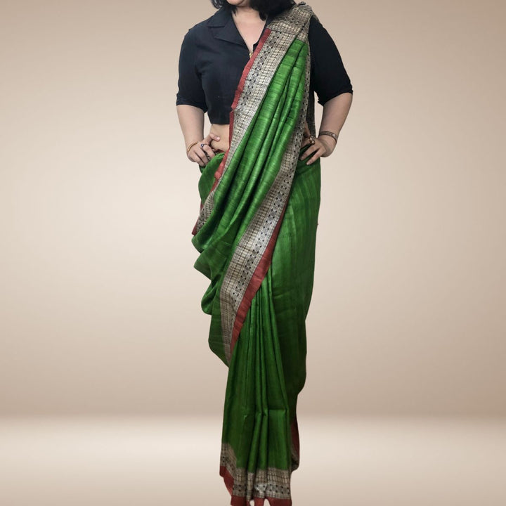 Parakeet Green Bhagalpuri Tussar Ghicha Silk Saree with Beige Printed Pallu And Rust Blouse Fabric 