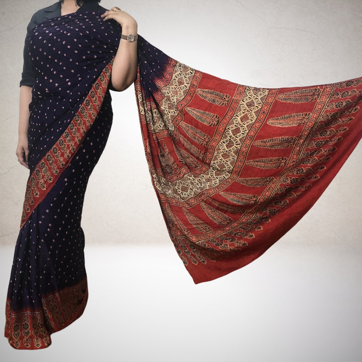 Indigo Blue & Red Bandhani Modal Saree | Striking Drape | Hand-Crafted | Graceful