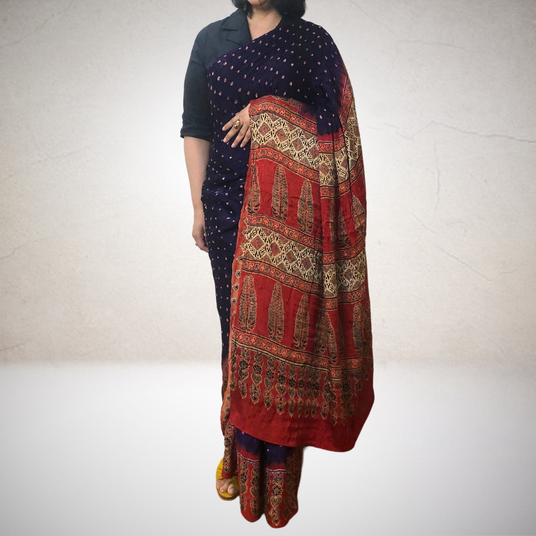 Indigo Blue & Red Bandhani Modal Saree | Striking Drape | Hand-Crafted | Graceful