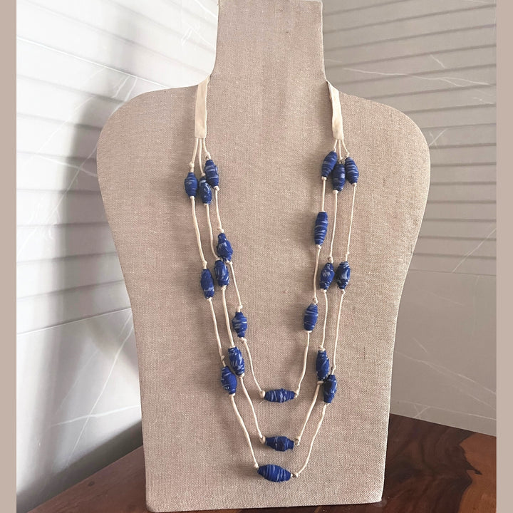 Beaded Women Necklace | Hand-Crafted Ikat Beads | Boho-Chic Style | Beige & Blue