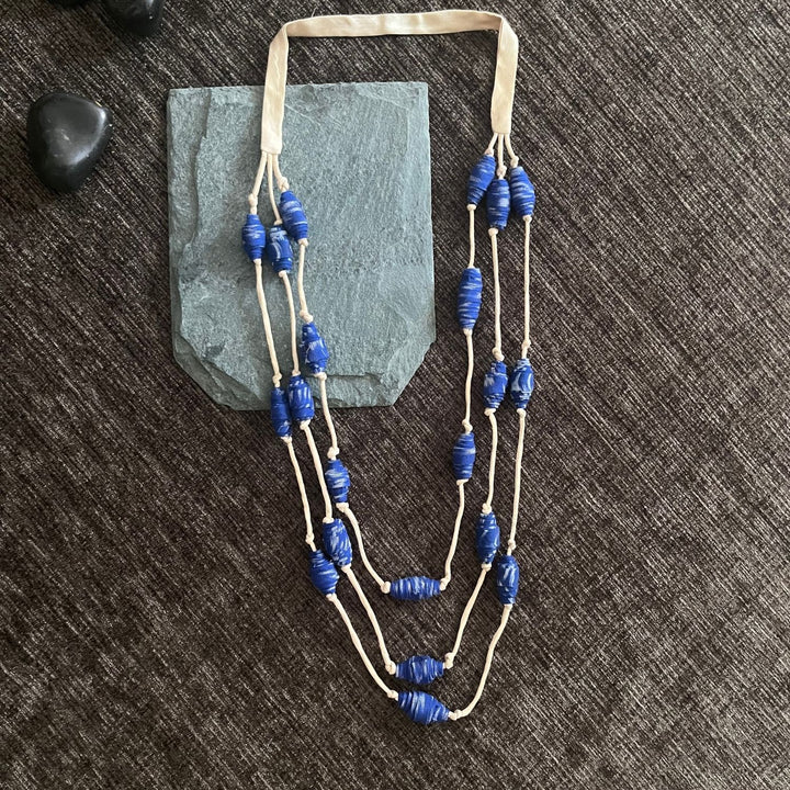 Beaded Women Necklace | Hand-Crafted Ikat Beads | Boho-Chic Style | Beige & Blue