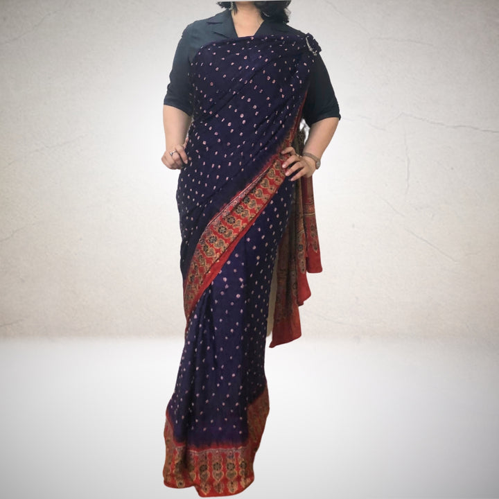 Indigo Blue & Red Bandhani Modal Saree | Striking Drape | Hand-Crafted | Graceful