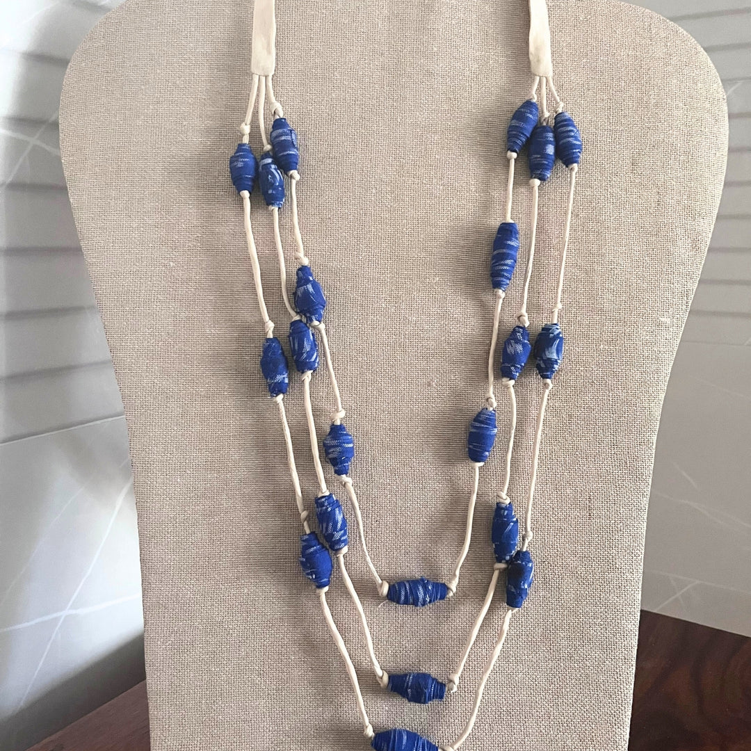 Beaded Women Necklace | Hand-Crafted Ikat Beads | Boho-Chic Style | Beige & Blue