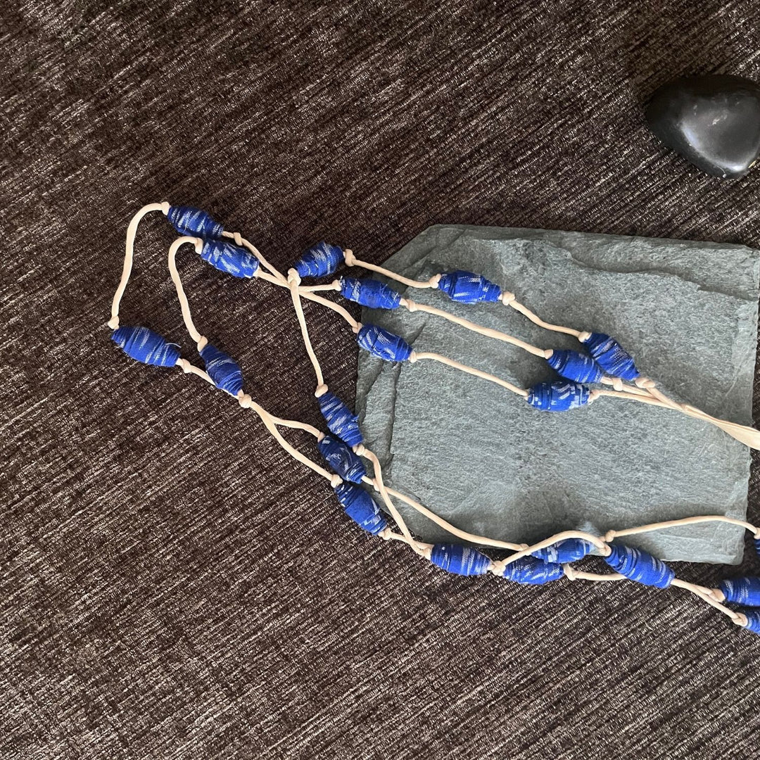 Beaded Women Necklace | Hand-Crafted Ikat Beads | Boho-Chic Style | Beige & Blue