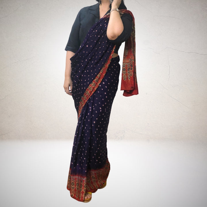 Indigo Blue & Red Bandhani Modal Saree | Striking Drape | Hand-Crafted | Graceful