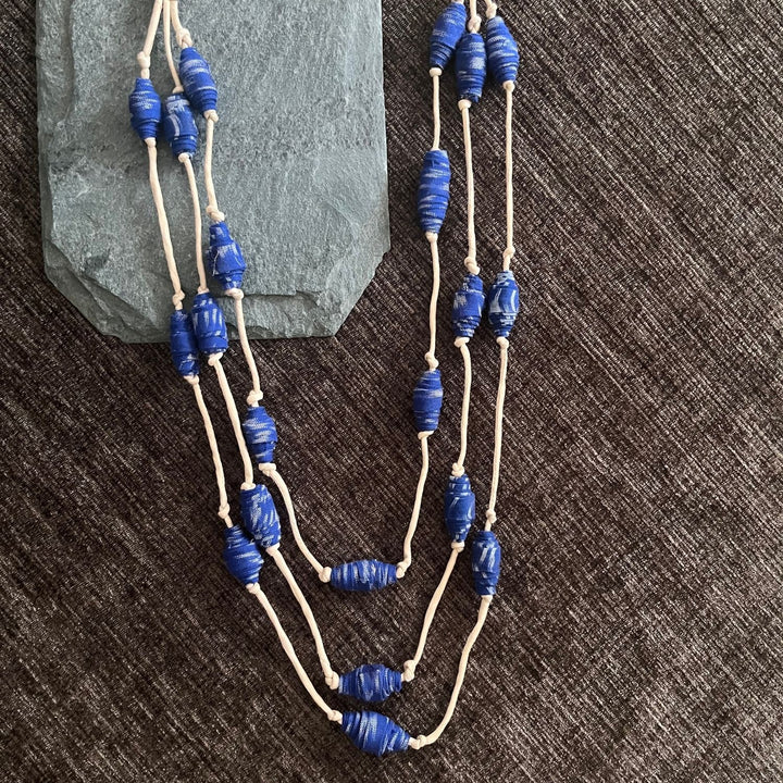 Beaded Women Necklace | Hand-Crafted Ikat Beads | Boho-Chic Style | Beige & Blue