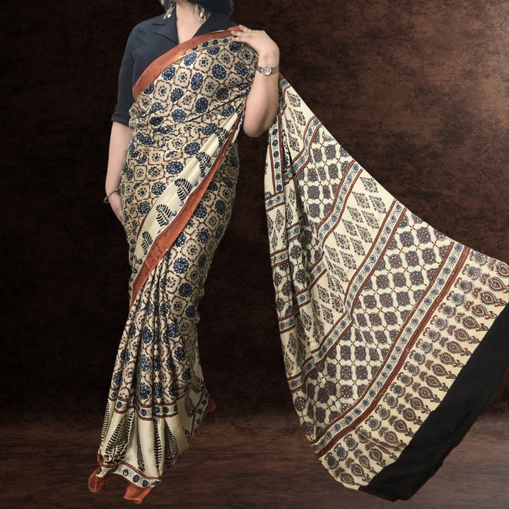 Ivory Ajrakh Modal Saree | Artistic | Block Printed | Soothing & Colourful Drape