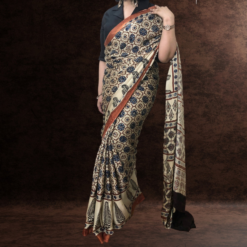 Ivory Ajrakh Modal Saree | Artistic | Block Printed | Soothing & Colourful Drape