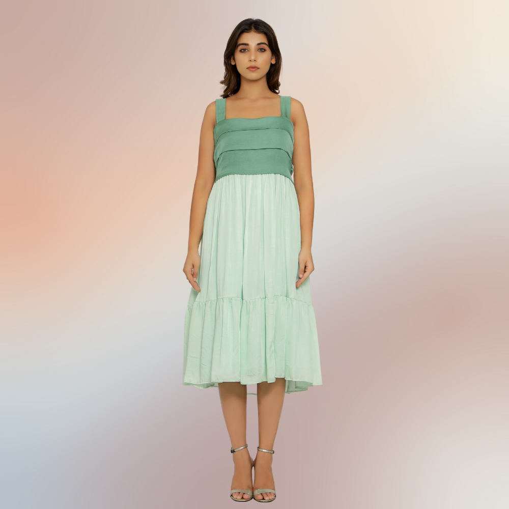 Teal Green-Tea Green Colour Block Midi Dress | Bemberg Modal Silk