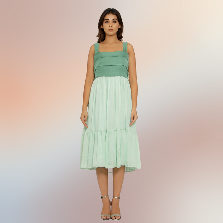 Teal Green-Tea Green Colour Block Midi Dress | Bemberg Modal Silk