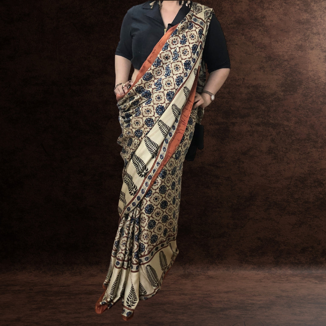 Ivory Ajrakh Modal Saree | Artistic | Block Printed | Soothing & Colourful Drape