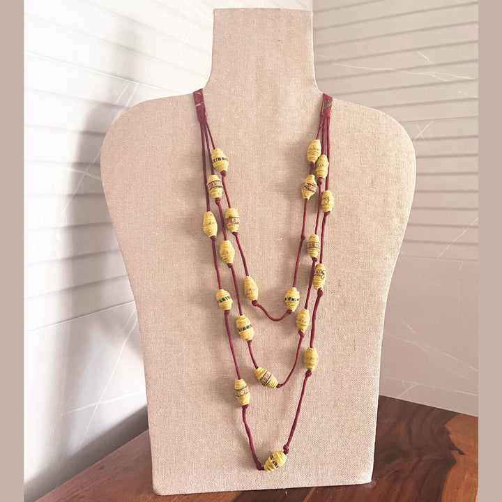 Beaded Necklace | Women | Hand Crafted Fabric Beads | Artistic & Earthy | Yellow Maroon