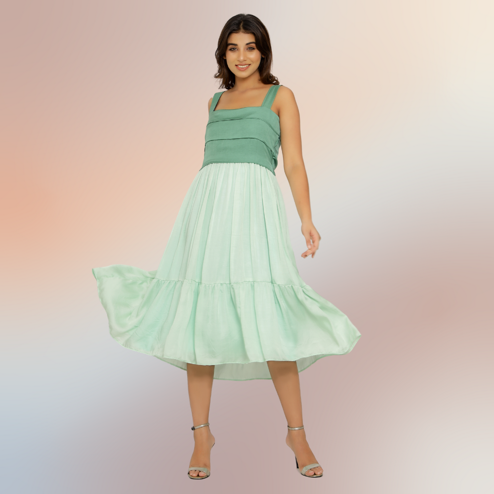 Teal Green-Tea Green Colour Block Midi Dress | Bemberg Modal Silk