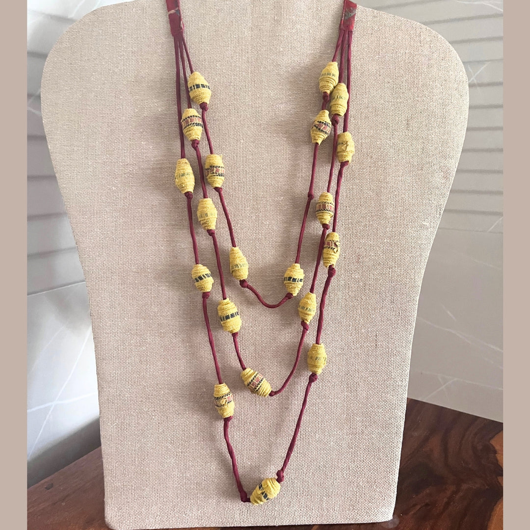 Beaded Necklace | Women | Hand Crafted Fabric Beads | Artistic & Earthy | Yellow Maroon