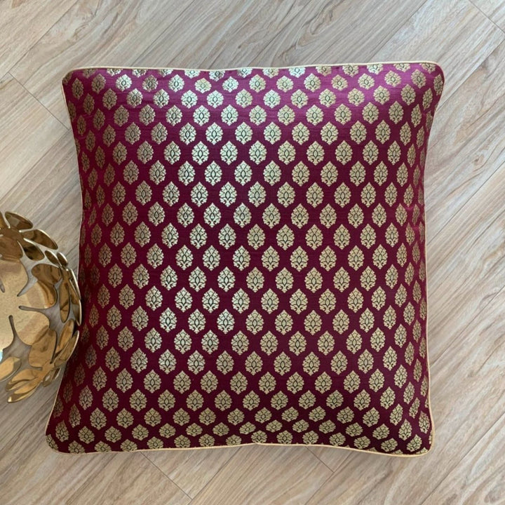 Plum Banarasi Cushion Cover | Festive Decor | 16" x 16"