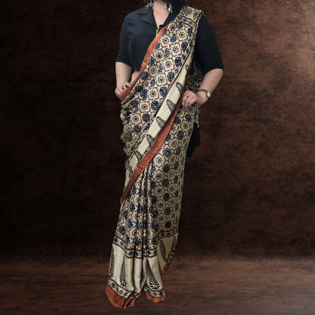 Ivory Ajrakh Modal Saree | Artistic | Block Printed | Soothing & Colourful Drape