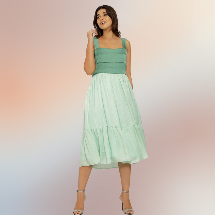 Teal Green-Tea Green Colour Block Midi Dress | Bemberg Modal Silk