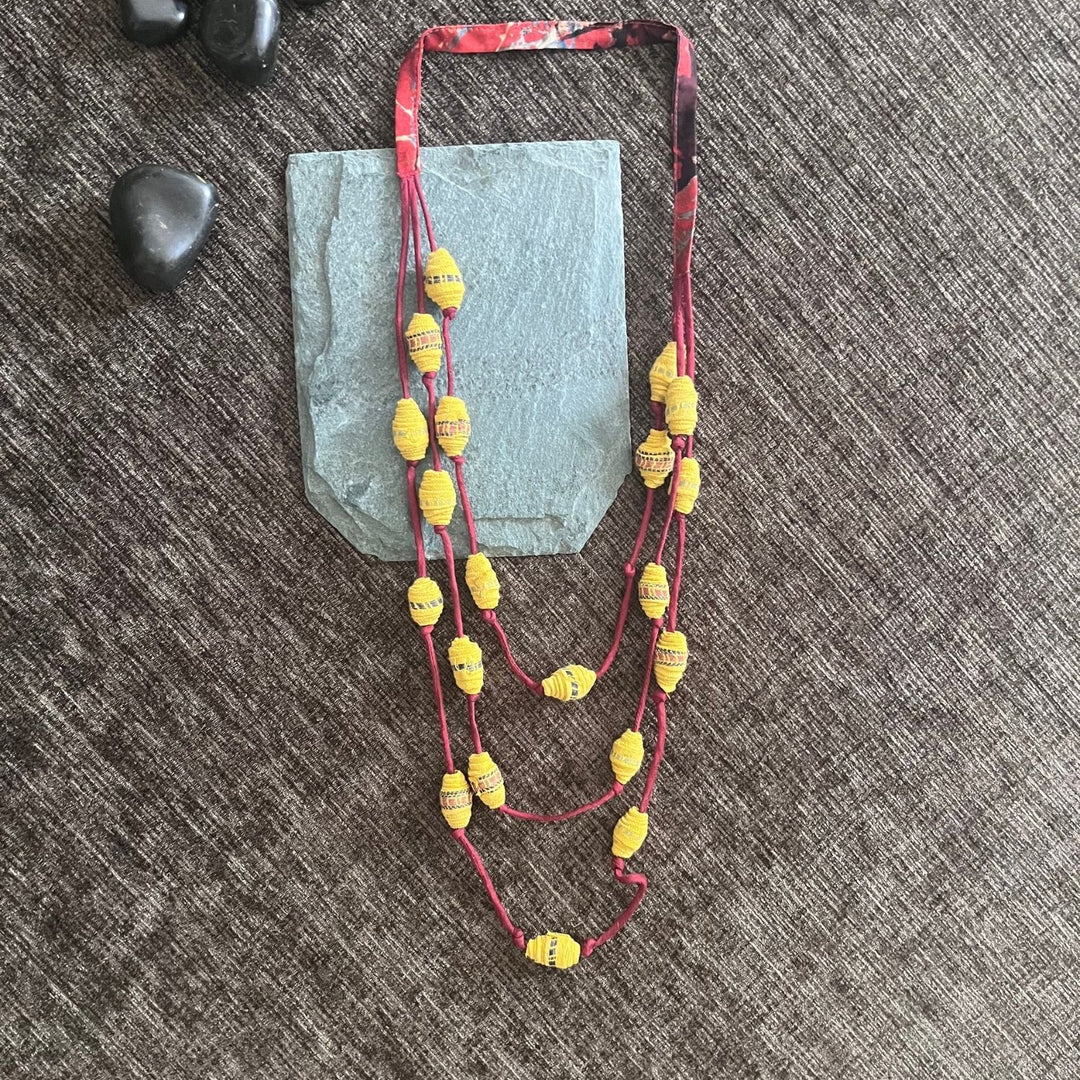 Beaded Necklace | Women | Hand Crafted Fabric Beads | Artistic & Earthy | Yellow Maroon