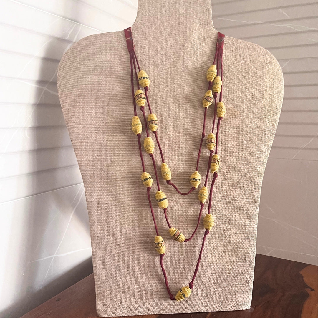 Beaded Necklace | Women | Hand Crafted Fabric Beads | Artistic & Earthy | Yellow Maroon