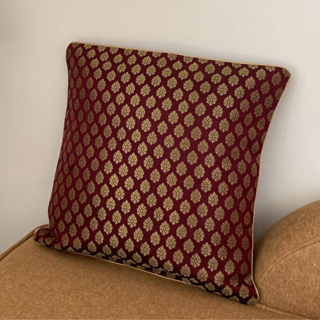 Plum Banarasi Cushion Cover | Festive Decor | 16" x 16"