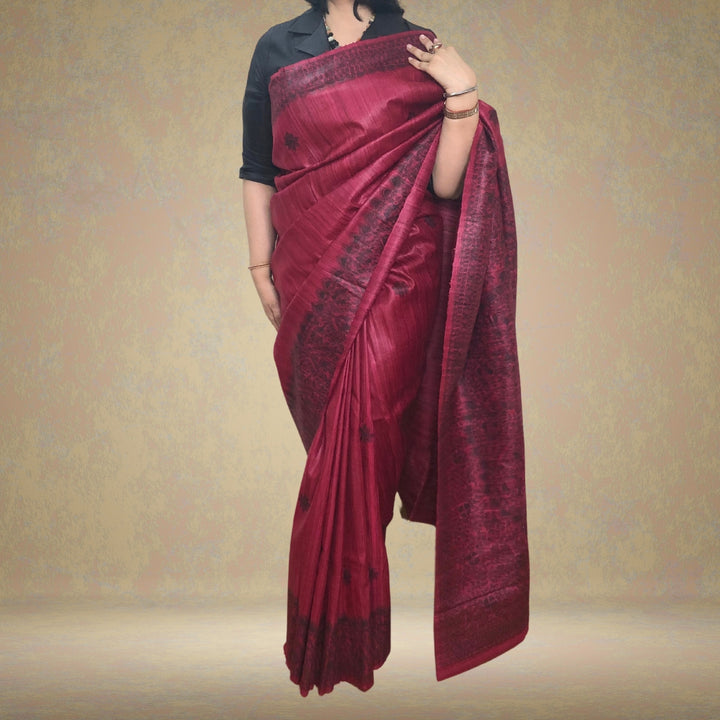 Dark Magenta Tussar Ghicha Silk Saree | Hand Painted In Madhubani Art Form