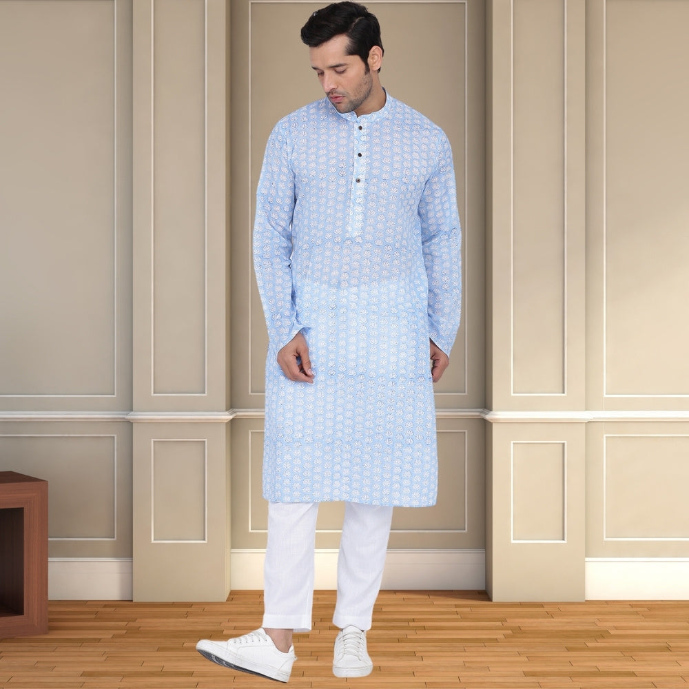 Mist Handblock Long Kurta | Cotton | Blue