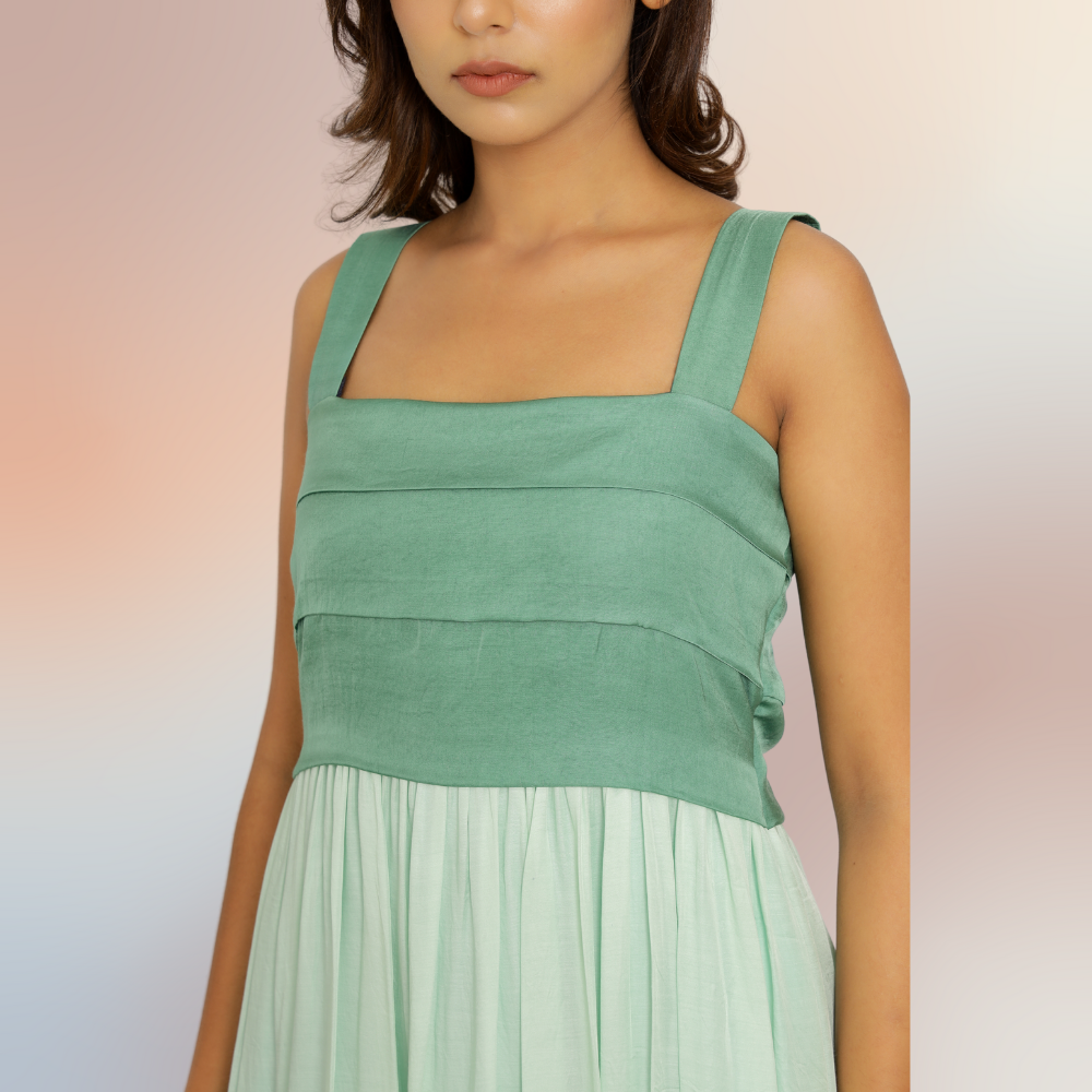 Teal Green-Tea Green Colour Block Midi Dress | Bemberg Modal Silk