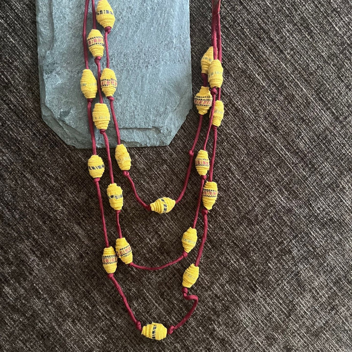 Beaded Necklace | Women | Hand Crafted Fabric Beads | Artistic & Earthy | Yellow Maroon