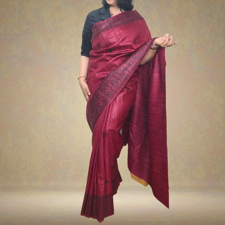 Dark Magenta Tussar Ghicha Silk Saree | Hand Painted In Madhubani Art Form