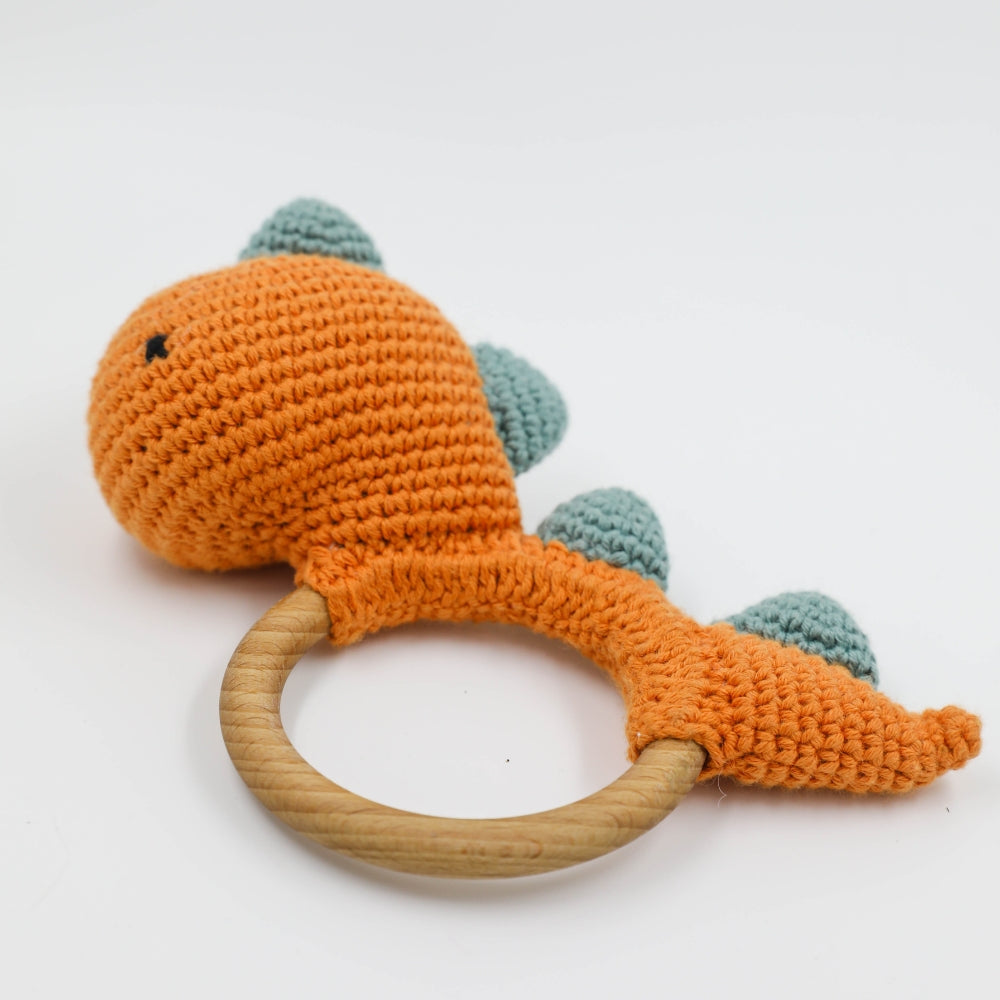 Cute Dino Teether for Babies | Hand Made of Crochet | Kids Safe | Orange & Blue