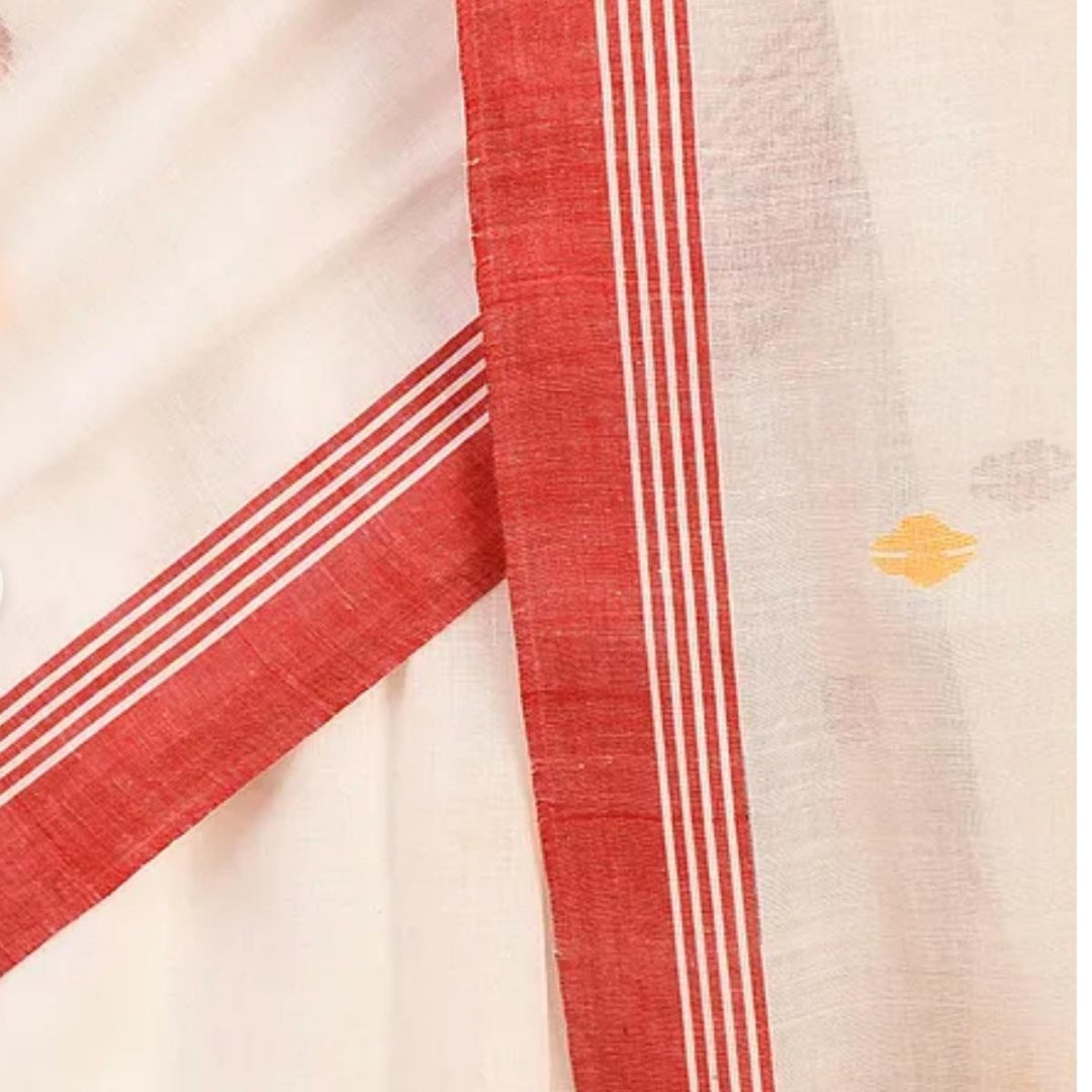  Pristine White & Red Cotton Mul Mul Saree | Jamdani Floral Motif | Light Weight