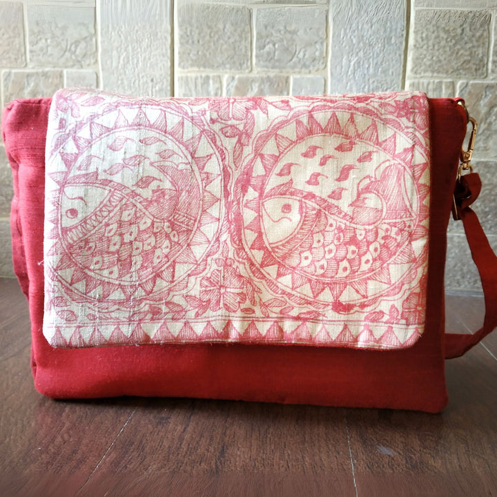 Scarlet Charm Square Sling | Tussar Silk with Madhubani Elegance