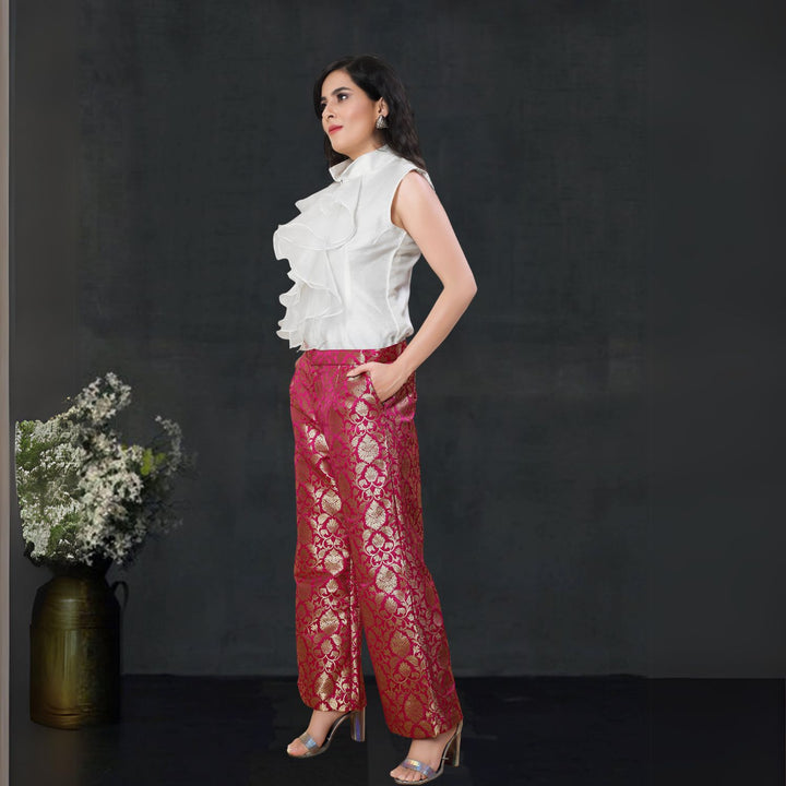 Aashvi Straight Fit Banarsi Silk Pant | Party & Festive Wear | Fuchsia Pink