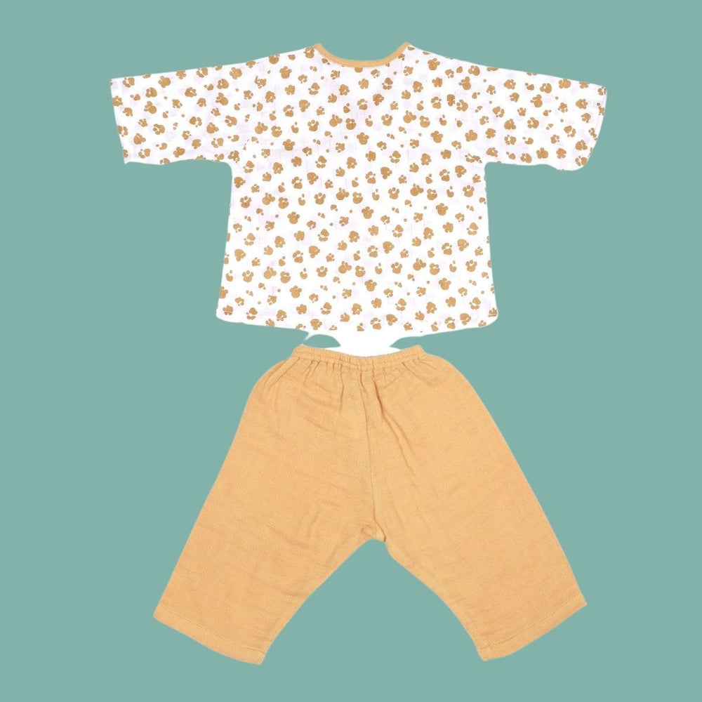 Paw Printed Mustard Yellow Kimono Loungewear For Babies | Organic Muslin | Set Of 2