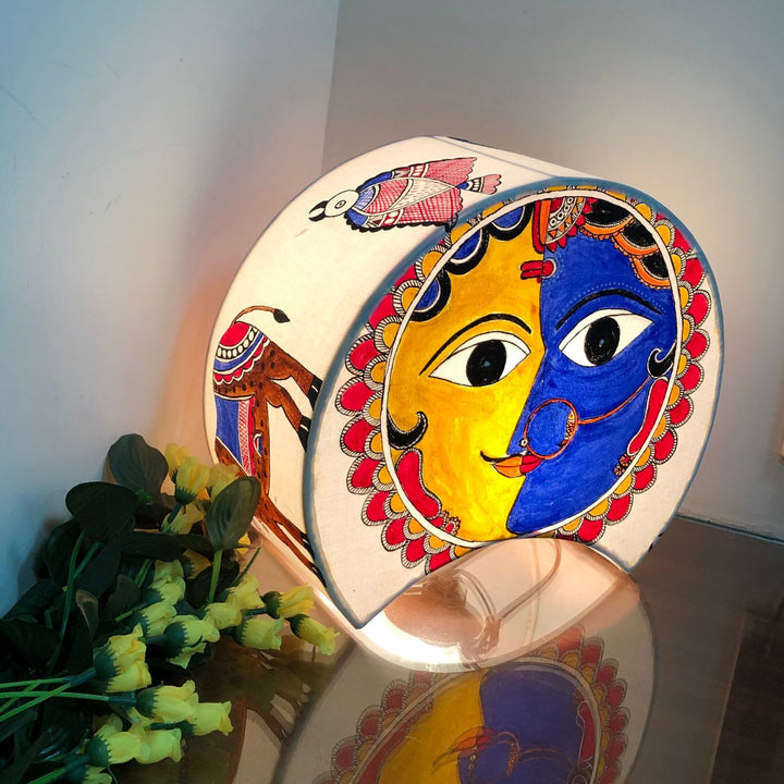 Madhubani Hand-Painted Face Table Lamp | Crescent Shape | 11 Inch