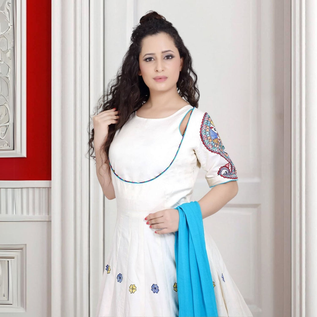 Shwet Kerry Tussar Eri Silk Anarkali | Madhubani Hand-Painted | Serene White & Blue