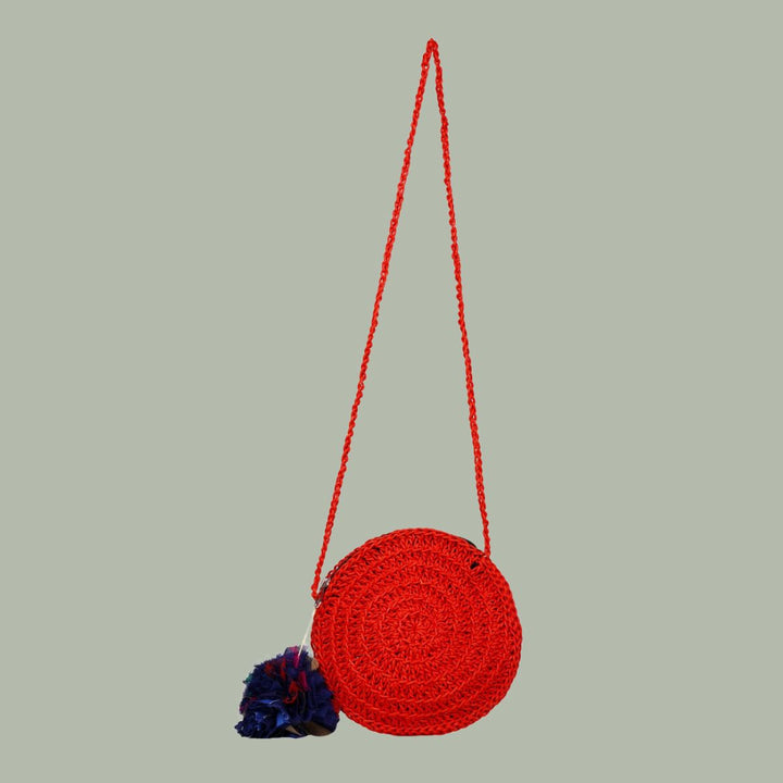 Miniature Round Sling Bag | Crochet Work | Cotton Yarn | Crimson Red