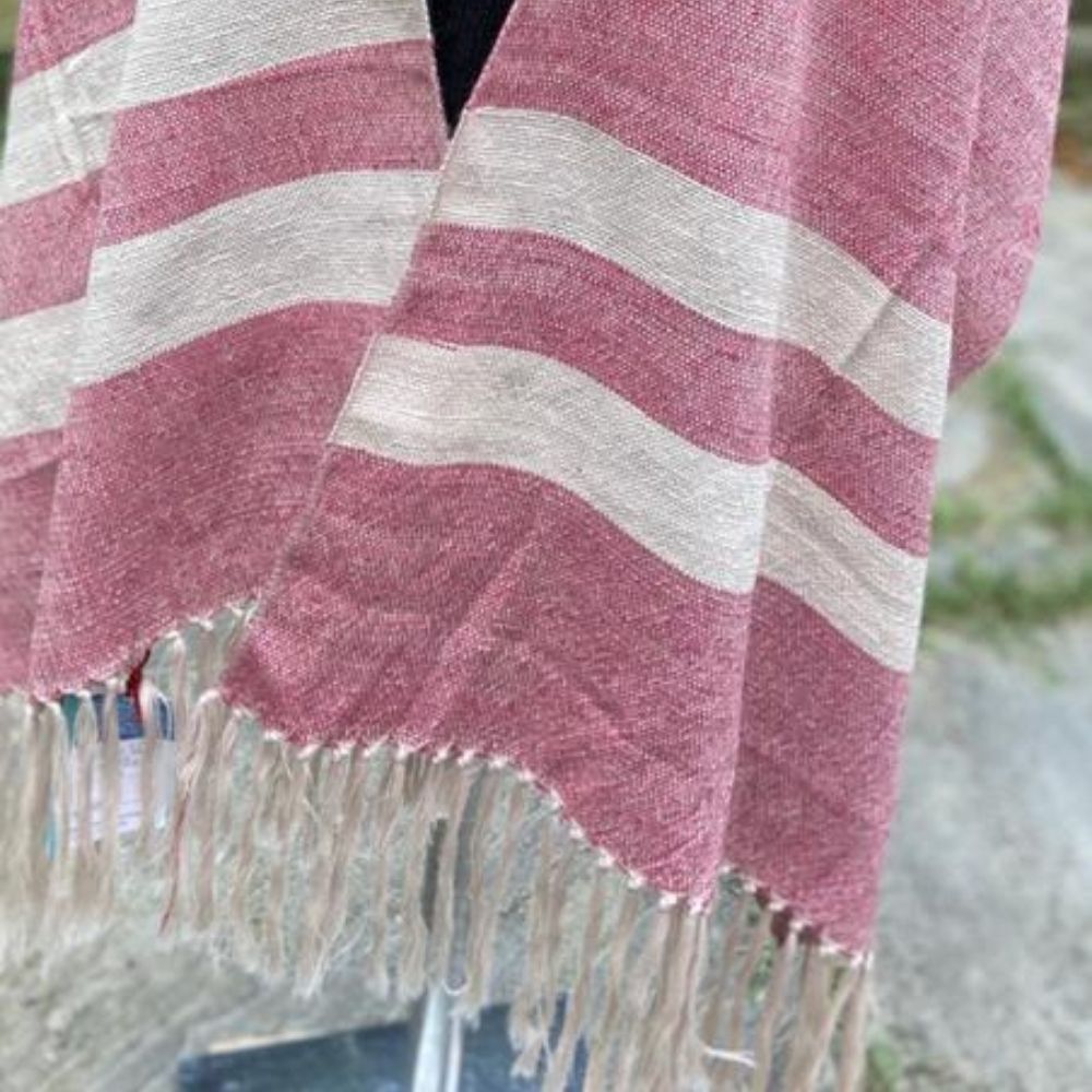 Hand Woven And Loom Knitted Woollen And Eri Silk Stole | Pink with Light Beige | Winter Wear | Stripe Pattern With Fringes 