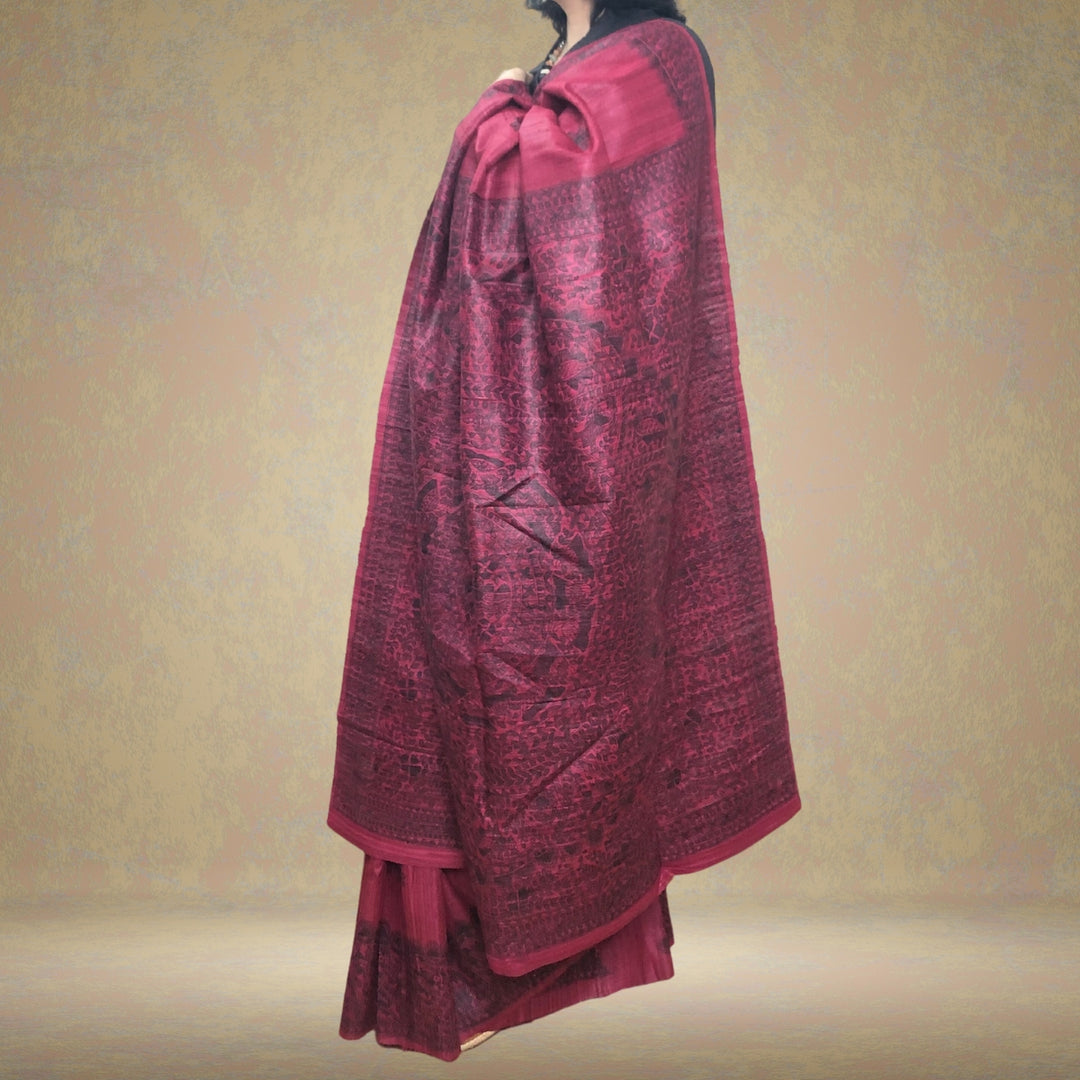 Dark Magenta Tussar Ghicha Silk Saree | Hand Painted In Madhubani Art Form