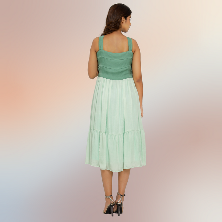 Teal Green-Tea Green Colour Block Midi Dress | Bemberg Modal Silk