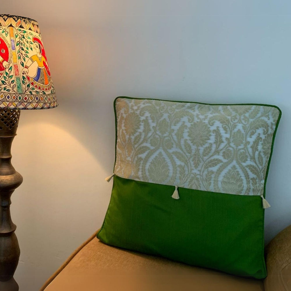 Ivory and Green Banarasi Cushion Cover | Hand-Crafted | 16" x 16"