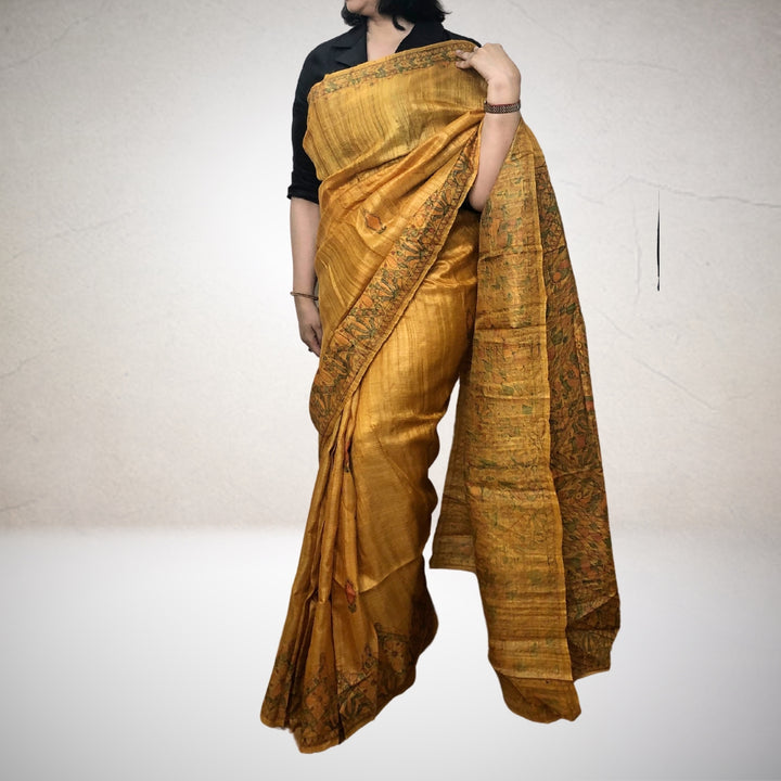 Madhubani Hand Painted Mustard Saree | Handloom Tussar Ghicha Silk | Multi-Colour Painting 