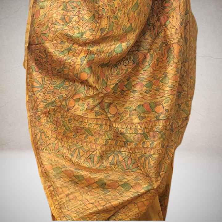 Madhubani Hand Painted Mustard Saree | Handloom Tussar Ghicha Silk | Multi-Colour Painting