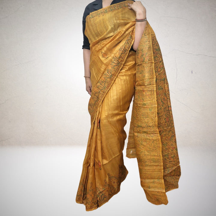 Madhubani Hand Painted Mustard Saree | Handloom Tussar Ghicha Silk | Multi-Colour Painting